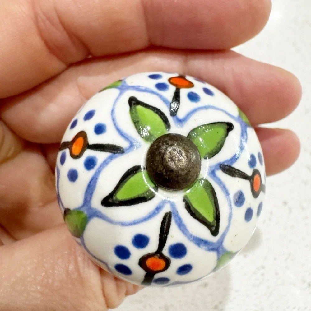 2 Hand Painted Ceramic Drawer Pulls Brass Tone Hardware Eclectic Moroccan Knob